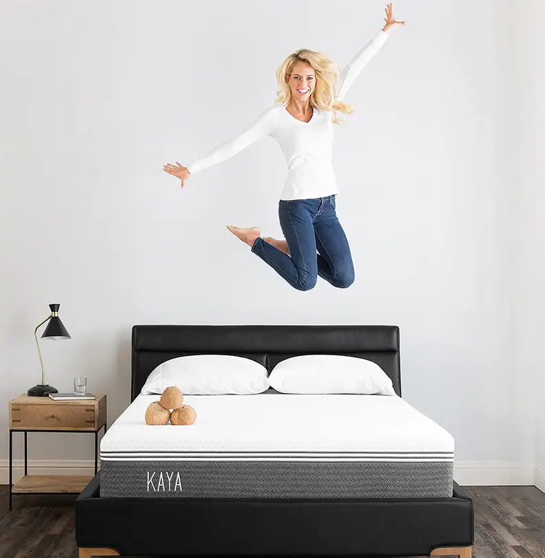 Photo editing and retouching. Mattress with jumpimg model girl by Victor Branovets